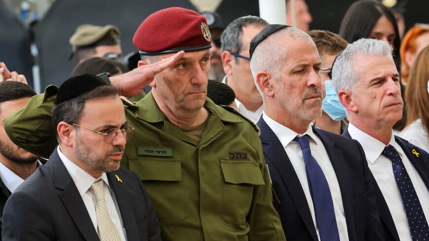 Chief of the General Staff Lieutenant-General Herzi Halevi (C), Director the Security Agency Ronen Bar (C-R) and Israel's Chief of the Mossad David Barnea (R).