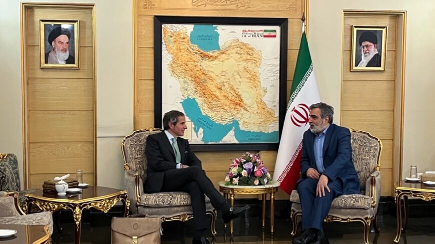 Iran’s Atomic Energy Organisation spokesman Behrouz Kamalvandi (R) met with International Atomic Energy Agency chief Rafael Grossi in Tehran 