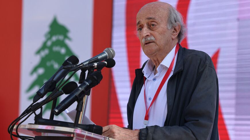 Walid Jumblatt delivers a speech during a gathering in Ain Zhalta on June 25, 2023.