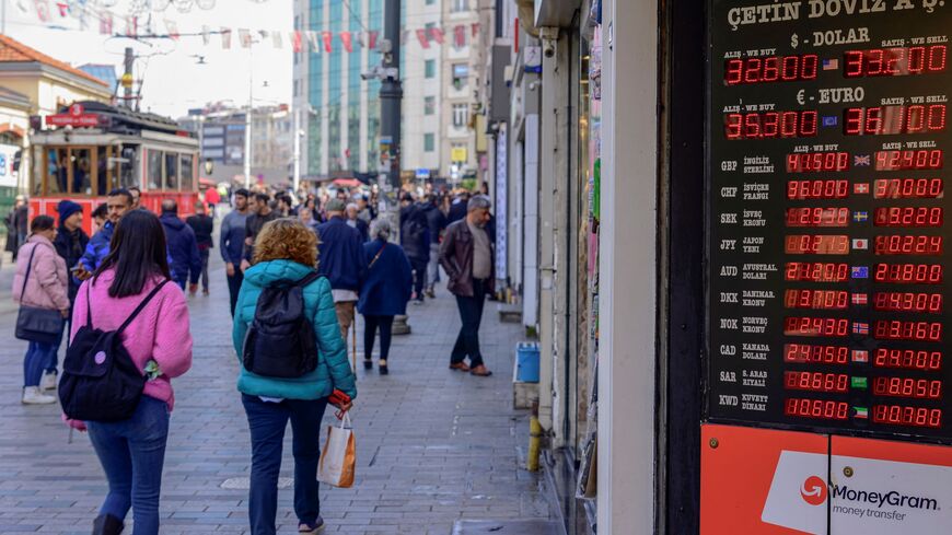 This picture taken on March 21, 2024 on Istiklal avenue, Istanbul, shows foreign exchange rates displayed against the Turkish lira. Turkey's central bank raised it's key interest rate on March 21, 2024, resuming a tightening cycle in a bid to tame rising consumer prices, one month after having held rates. In a statement the bank said that the monetary policy committee "has decided to raise the policy rate from 45 percent to 50 percent". (Photo by Yasin AKGUL / AFP) (Photo by YASIN AKGUL/AFP via Getty Images