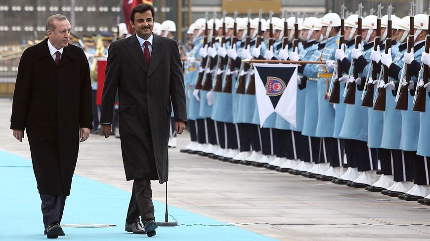 Qatari Crown Prince Sheikh Tamim bin Hamad bin Khalifa Al Thani (2ndL) and Turkish President Recep Tayyip Erdogan (L) 