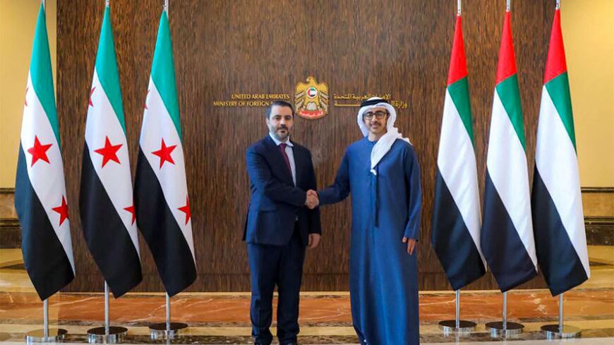 Sheikh Abdullah bin Zayed reiterated the UAE's firm position in safeguarding Syria's unity and sovereignty during talks with Asaad Al Shibani, Syrian Foreign Minister, in Abu Dhabi. Photo: Wam