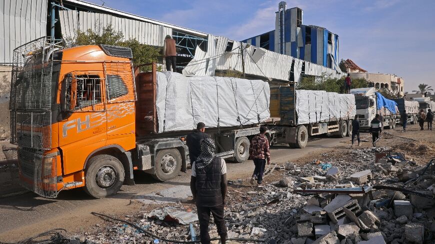 Aid trucks arrive after entering Gaza through the  Kerem Shalom crossing