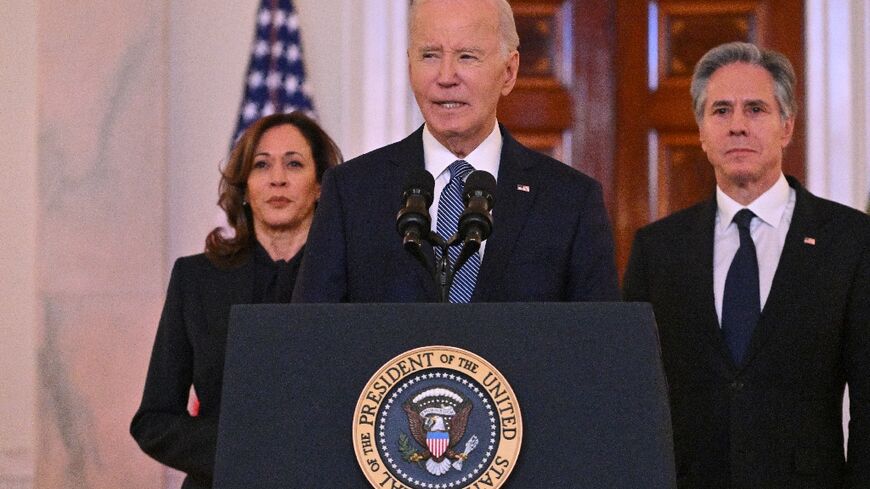 US President Joe Biden speaks about the Israel-Hamas ceasefire and hostage release deal in the Cross Hall of the White House, as Vice President Kamala Harris and Secretary of State Antony Blinken look on, on January 15, 2025. Israel and Hamas agreed on Wednesday to a deal for a ceasefire and the release of hostages being held in Gaza following separate meetings with Qatar's prime minister, a source briefed on the talks told AFP. A US official confirmed the deal.
