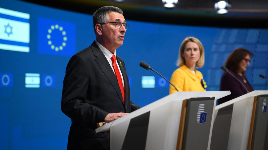 Israeli Foreign Minister Gideon Saar (L) addresses a press conference with European Commission Vice-President and High Representative for Foreign Affairs and Security Policy Kaja Kallas and Vice President of the European Commission for Democracy and Demography Dubravka Suica and after a meeting at the EU headquarters on the sidelines of the EU's foreign affairs council, in Brussels on Feb. 24, 2025.