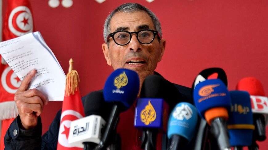 Leftist Tunisian activist Ezzeddine Hazgui, a member of the defence committee for detainees accused of plotting against state security, speaks to journalists in February 2025