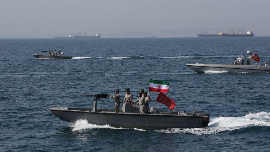 Iranian soldiers take part in the National Persian Gulf Day in the Strait of Hormuz, on April 30, 2019.