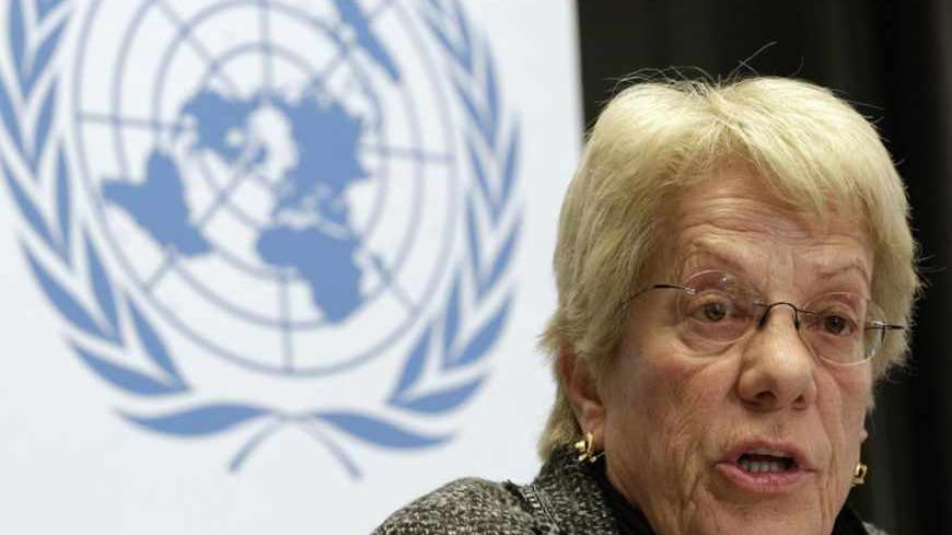 Member of the Commission of Inquiry on Syria Carla del Ponte addresses a news conference at the United Nations European headquarters in Geneva February 18, 2013. Syrians in "leadership positions" who may be responsible for war crimes have been identified, along with units accused of perpetrating them, United Nations investigators said on Monday. REUTERS/Denis Balibouse (SWITZERLAND - Tags: POLITICS HEADSHOT) - RTR3DY2S