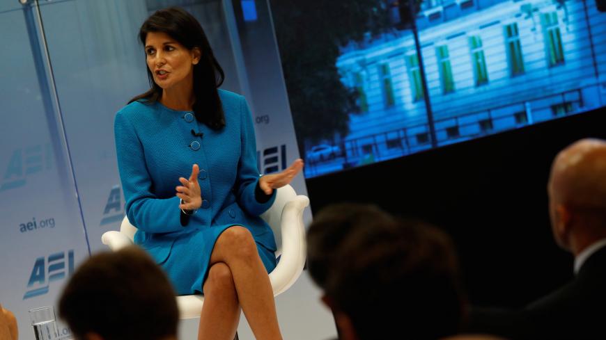 U.S. Ambassador to the United Nations Nikki Haley speaks about the Iran nuclear deal at the American Enterprise Institute in Washington, U.S., September 5, 2017. REUTERS/Aaron P. Bernstein - RC1376CC6BF0
