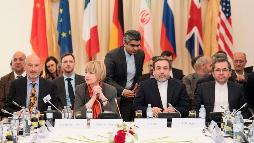Helga Maria Schmid (L), Secretary-General European External Action Service, Delegated Joint Commission Coordinator (EU), David Geer (2ndL), Head of the Sanctions Policy Division (EU), Seyed Abbas Araghchi (2ndR), Iran's Vice-Minister for Legal and International Affairs, Majid Takht-Ravanchi (R), Iran's Under-Secretary for European and American Affairs and senior diplomats from other six major powers meet in Vienna, on April 25, 2017 for a regular quarterly meeting to review adherence to their 2015 nuclear d