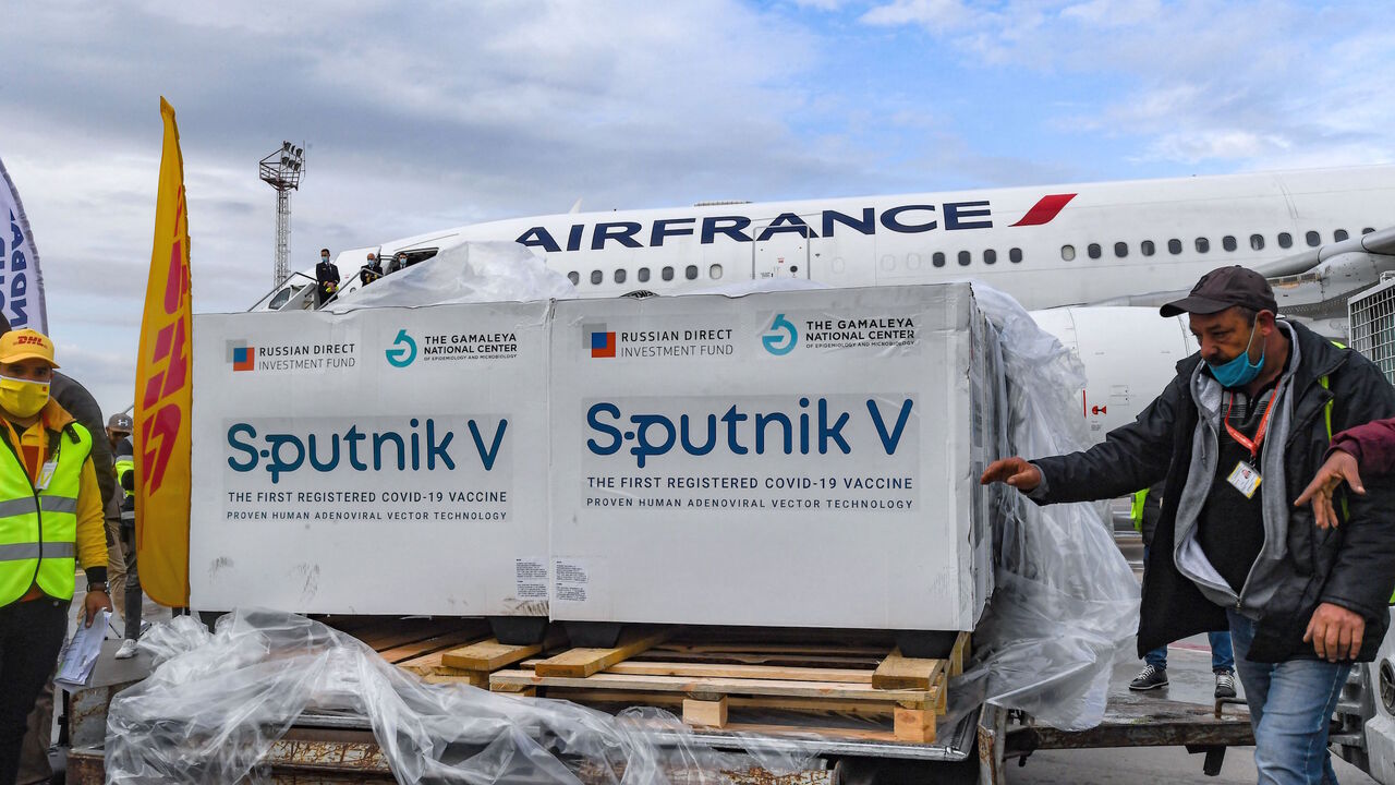 This picture taken on March 9, 2021 shows the arrival of a shipment of Russia's Sputnik V COVID-19 coronavirus vaccines in Tunisia's capital's Tunis-Carthage International Airport. 