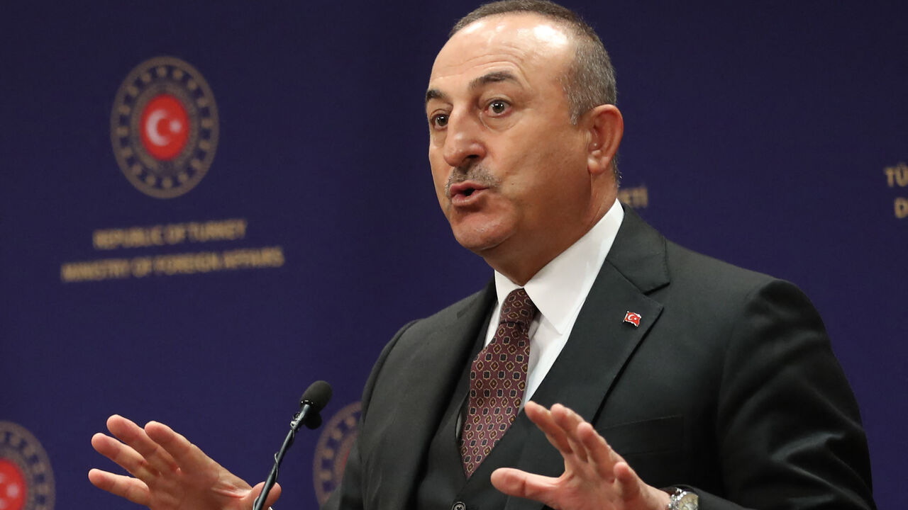 Turkish Foreign Minister Mevlut Cavusoglu gives a press conference following a meeting with his Slovakian counterpart in Ankara, on March 16, 2021.