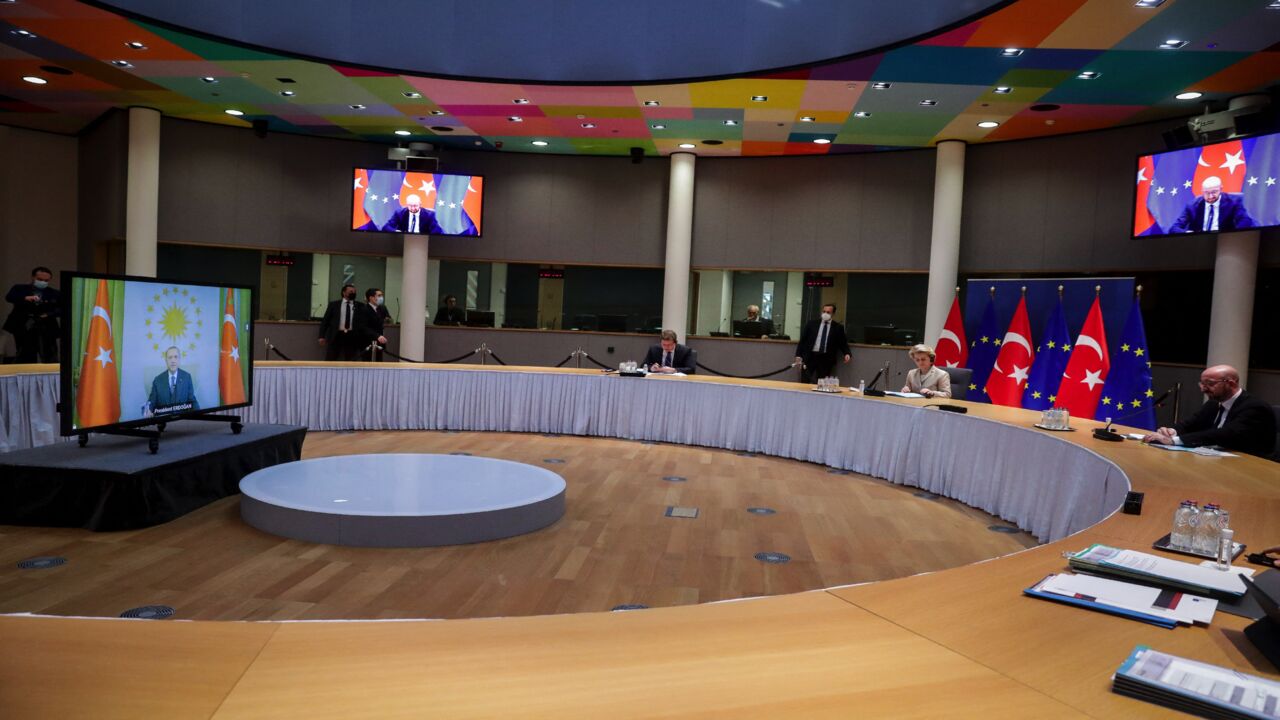 EU Commission President Ursula von der Leyen and the EU Council President Charles Michel hold a video conference call with Turkey's President Recep Tayyip Erdogan in Brussels on March 19, 2021. The call comes as the two neighbors seek to make good on improved ties after a spike in tensions last year over maritime claims in the Eastern Mediterranean. The leaders of the EU's 27 member states are set to discuss the state of relations with Ankara as one of the issues at their summit in Brussels next week. 