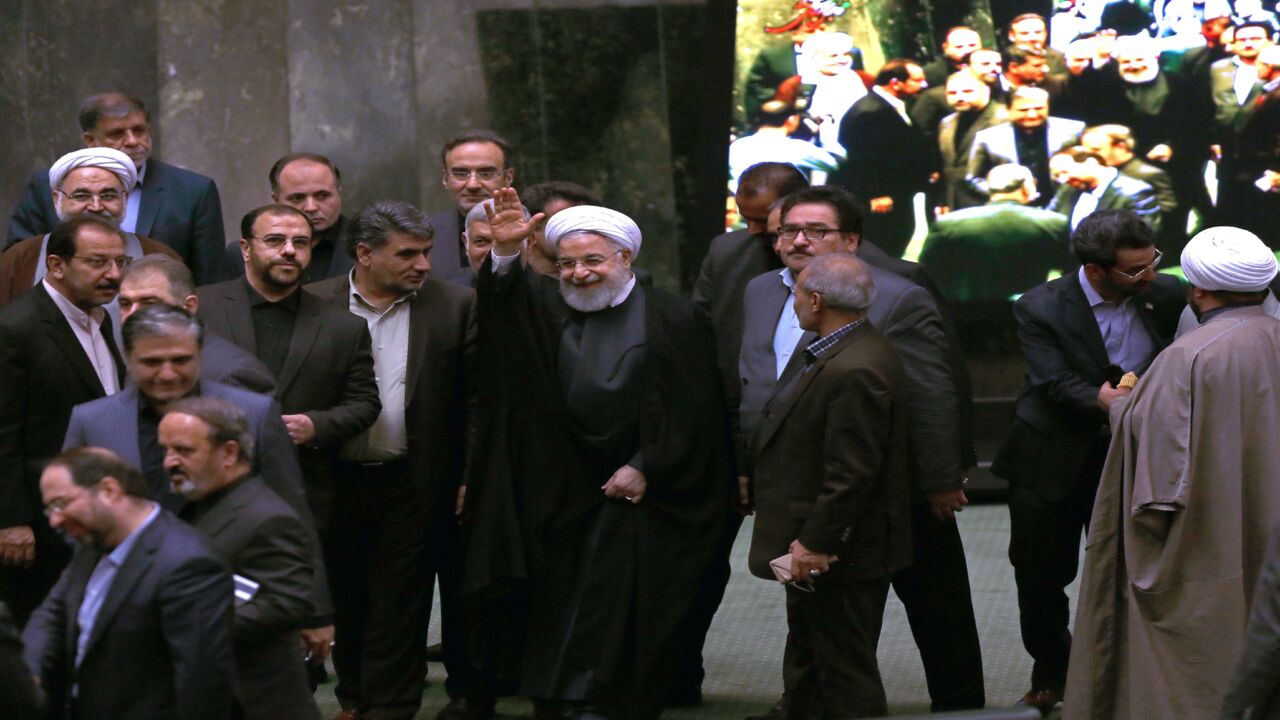 Iran's President Hassan Rouhani (C) arrives to address parliament in the capital, Tehran, on Sept. 3, 2019. In the address, he ruled out holding any bilateral talks with the United States, saying the Islamic Republic is opposed to such negotiations in principle. He also said Iran was ready to further reduce its commitments to a landmark 2015 nuclear deal "in the coming days" if current negotiations yield no results by Sept. 5.