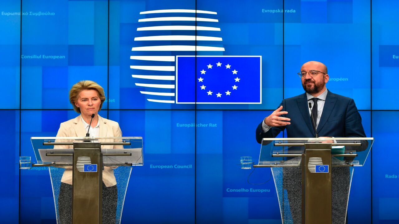 EU President of Council Charles Michel (R) and European Commission President Ursula von der Leyen (L) give a joint press after a meeting with Turkish President Recep Tayyip Erdogan at the EU headquarters in Brussels on March 9, 2020. 