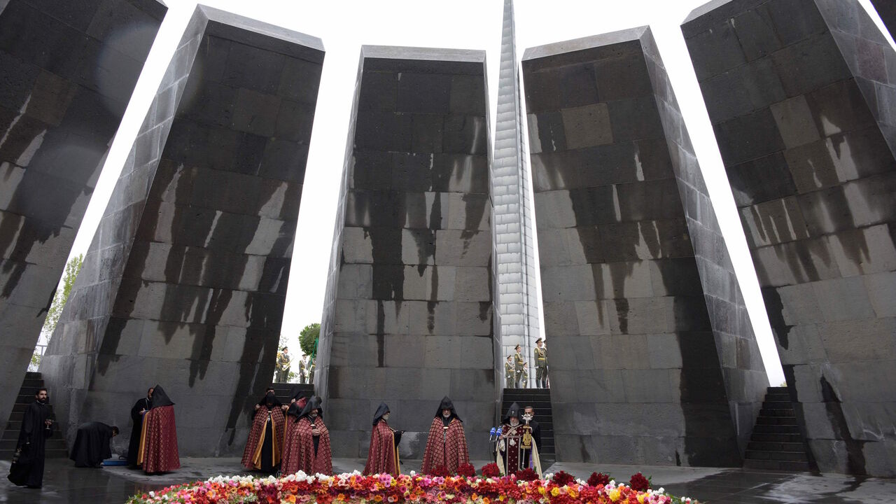 Catholicos Garegin II, the head of the Armenian Apostolic Church, attends a ceremony commemorating the 105th anniversary of the massacre of 1.5 million of Armenians by Ottoman forces in 1915, at the Tsitsernakaberd memorial in Yerevan on April 24, 2020. 