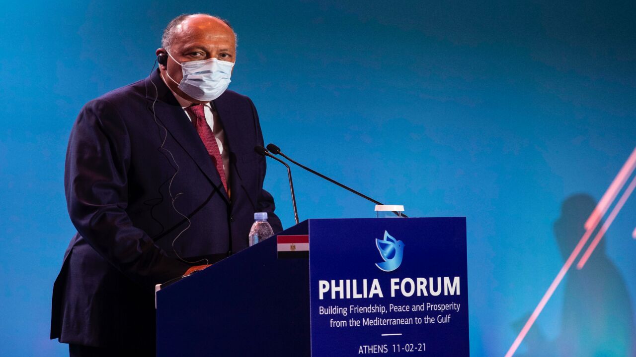 Egyptian Foreign Minister Sameh Shoukry takes part in a press conference on Feb. 11, 2021, in Athens, during the Greek-hosted Philia Forum (Friendship Forum), with representatives from Bahrain, Cyprus, Egypt, Jordan, Saudi Arabia, UAE, Iraq, and France.