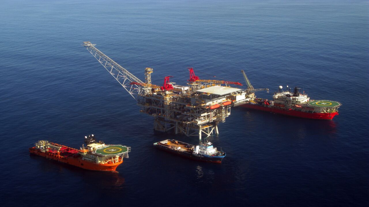 In this handout image provided by Albatross, the Tamar drilling natural gas production platform is seen some 25 kilometers west of the Ashkelon shore in February 2013 in Israel. 