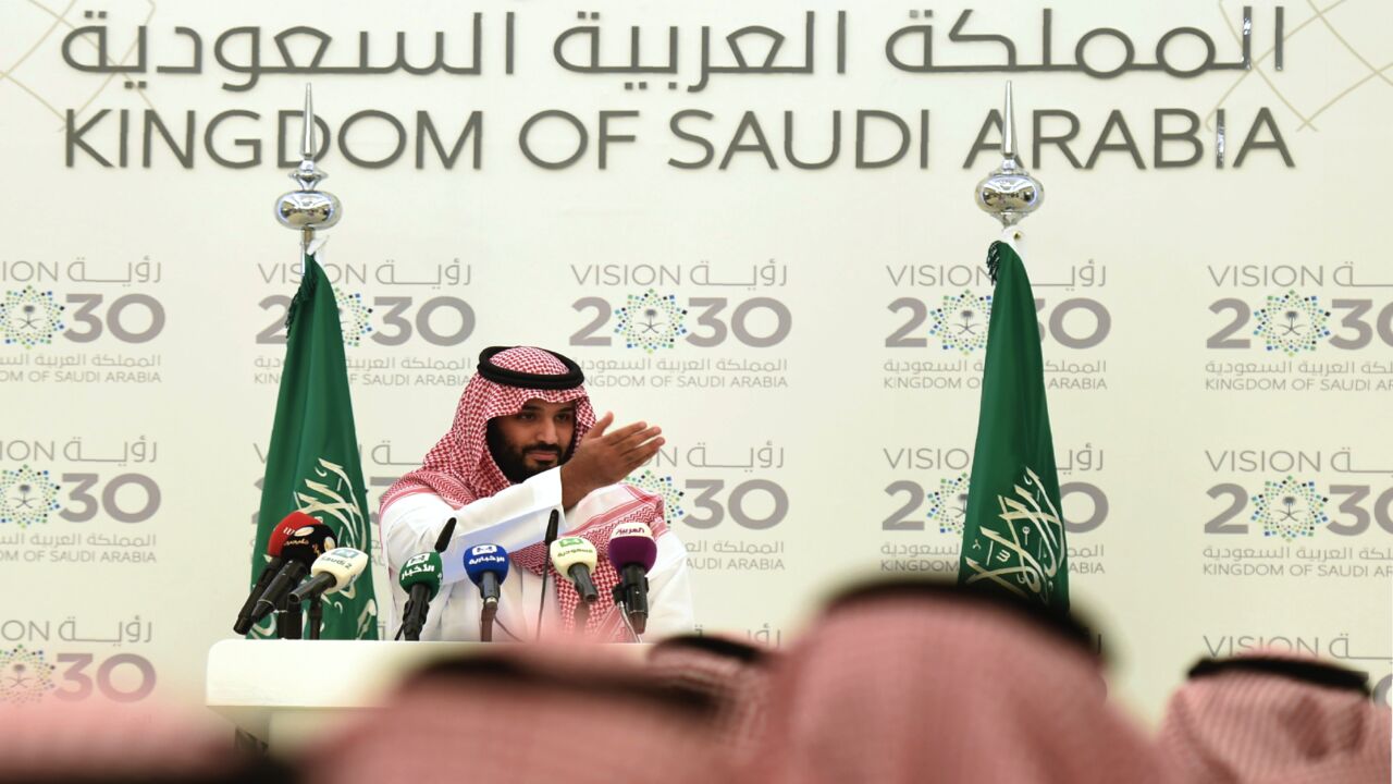 Saudi Defense Minister and Deputy Crown Prince Mohammed bin Salman gives a press conference in Riyadh, on April 25, 2016. The key figure behind the unveiling of a vast plan to restructure the kingdom's oil-dependent economy, the son of King Salman has risen to among Saudi Arabia's most influential figures since being named second-in-line to the throne in 2015. Salman announced his economic reform plan known as "Vision 2030." 