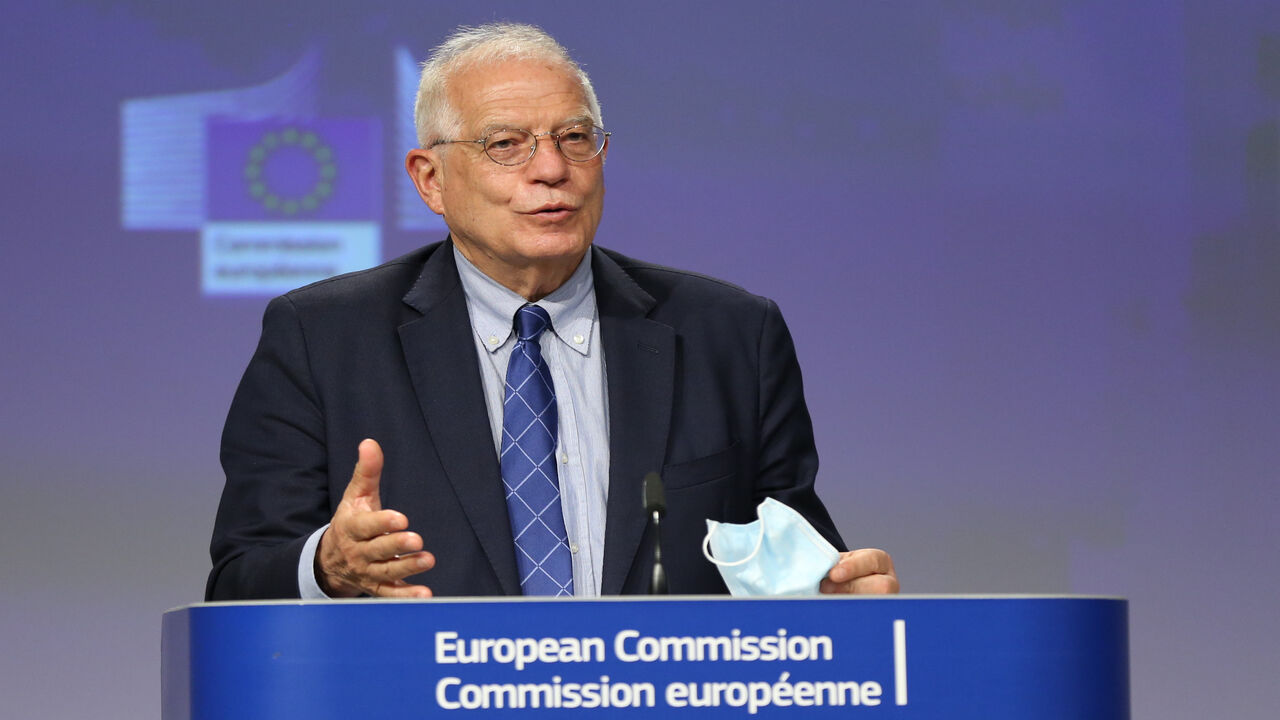 European Union High Representative for Foreign Affairs and Security Policy Josep Borrell holds a press conference after attending a conference on the plight of Venezuelan refugees and immigrants, Brussels, Belgium, May 26, 2020.