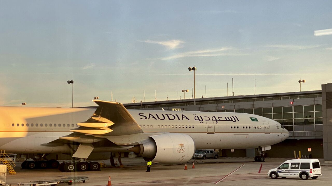 A Saudi Boeing jet is seen at the gate at Washington Dulles International Airport (IAD) on Nov. 19, 2020.