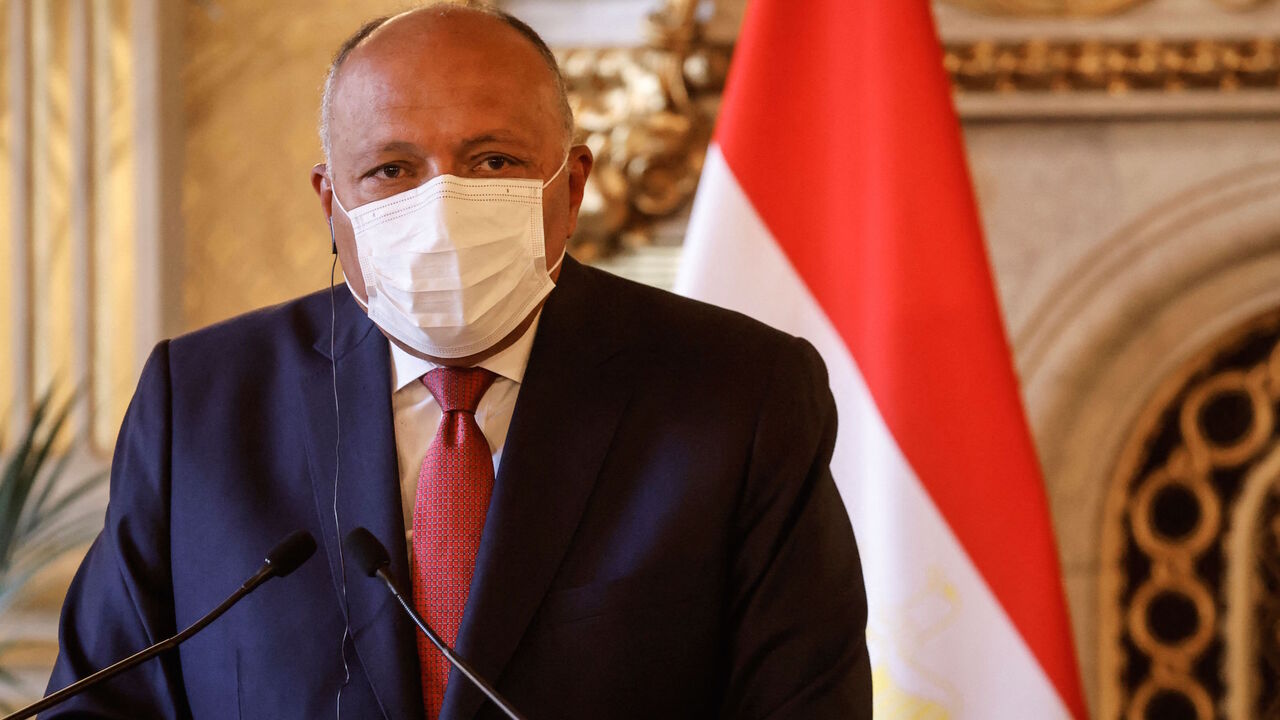 Egypt's Minister of Foreign Affairs Sameh Shoukry speaks during a joint press conference following a meeting on the Middle East Peace process, at the quai d'Orsay, in Paris, on March 11, 2021. 