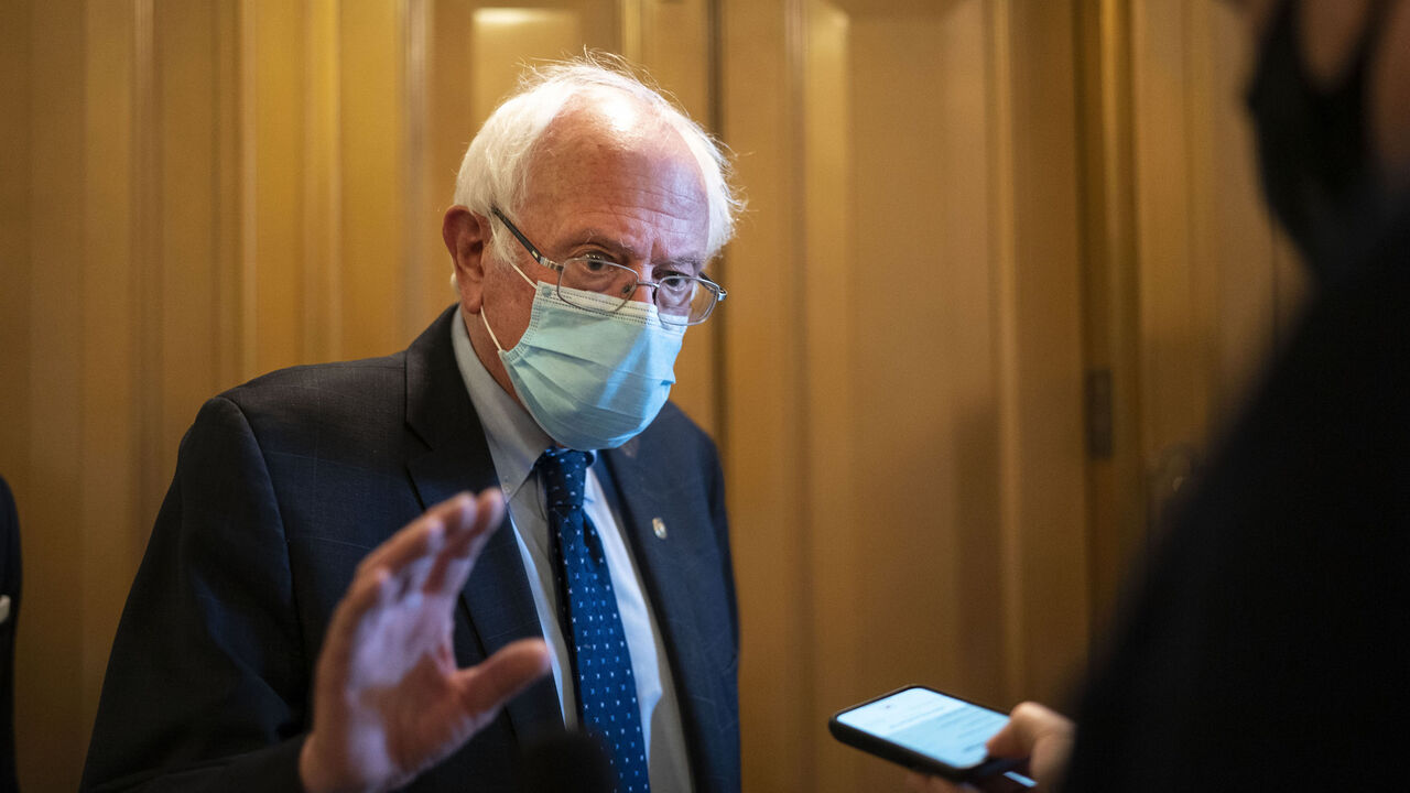 Sen. Bernie Sanders (I-VT) speaks to reporters following a procedural vote on the nomination of Polly Ellen Trottenberg to be Deputy Secretary of Transportation at the U.S. Capitol on April 12, 2021 in Washington, DC. 