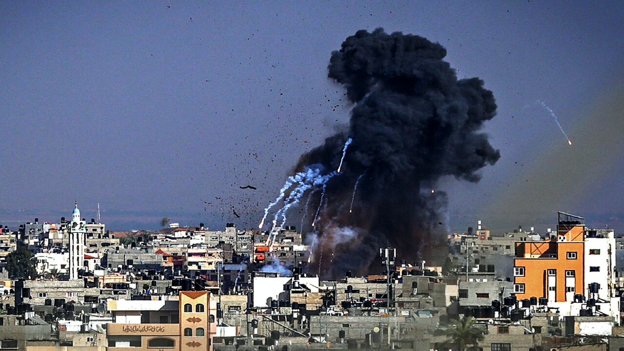 Smoke billows from Israeli airstrikes in Gaza City, controlled by the Palestinian Hamas movement, on May 11, 2021.