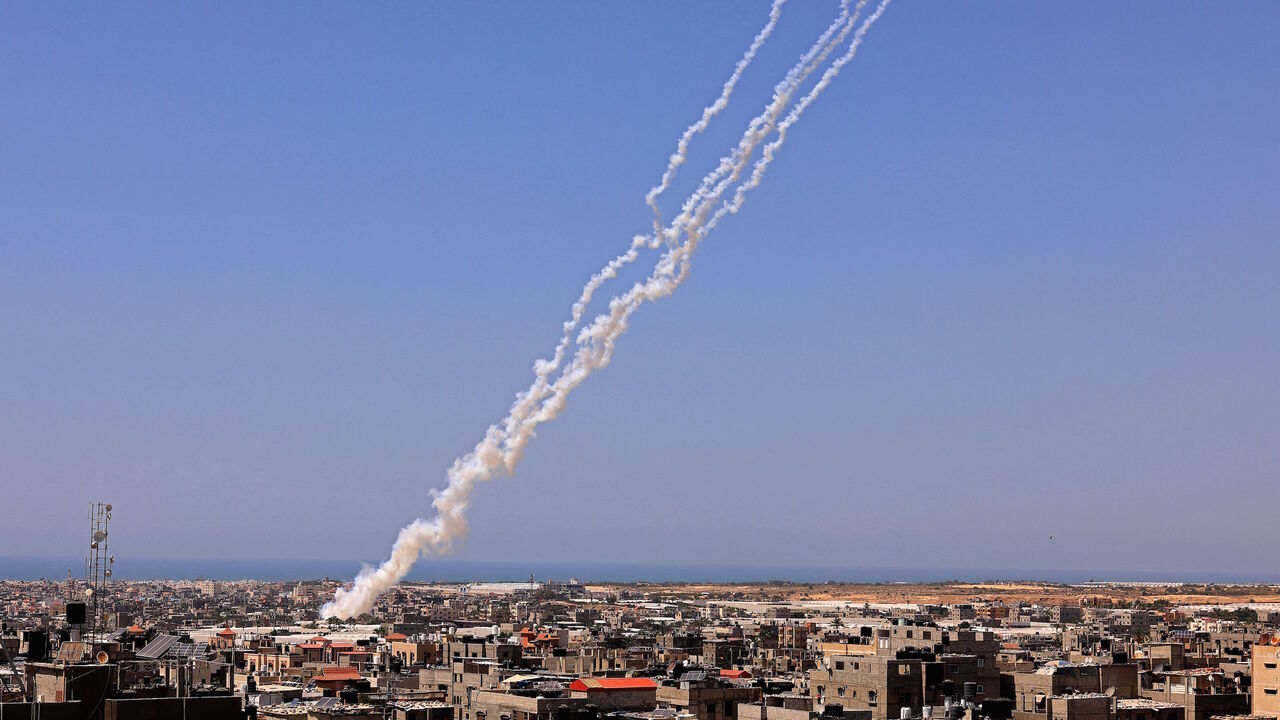 Rockets are launched towards Israel from Rafah, in the south of the Gaza Strip, controlled by the Palestinian Hamas movement, on May 12, 2021.
