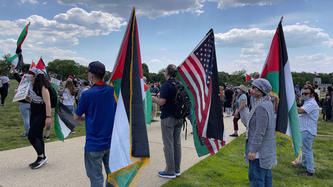 Demonstrators take part in a protest in solidarity with the Palestinians over the ongoing conflict with Israel, in Washington, DC on May 15, 2021.  