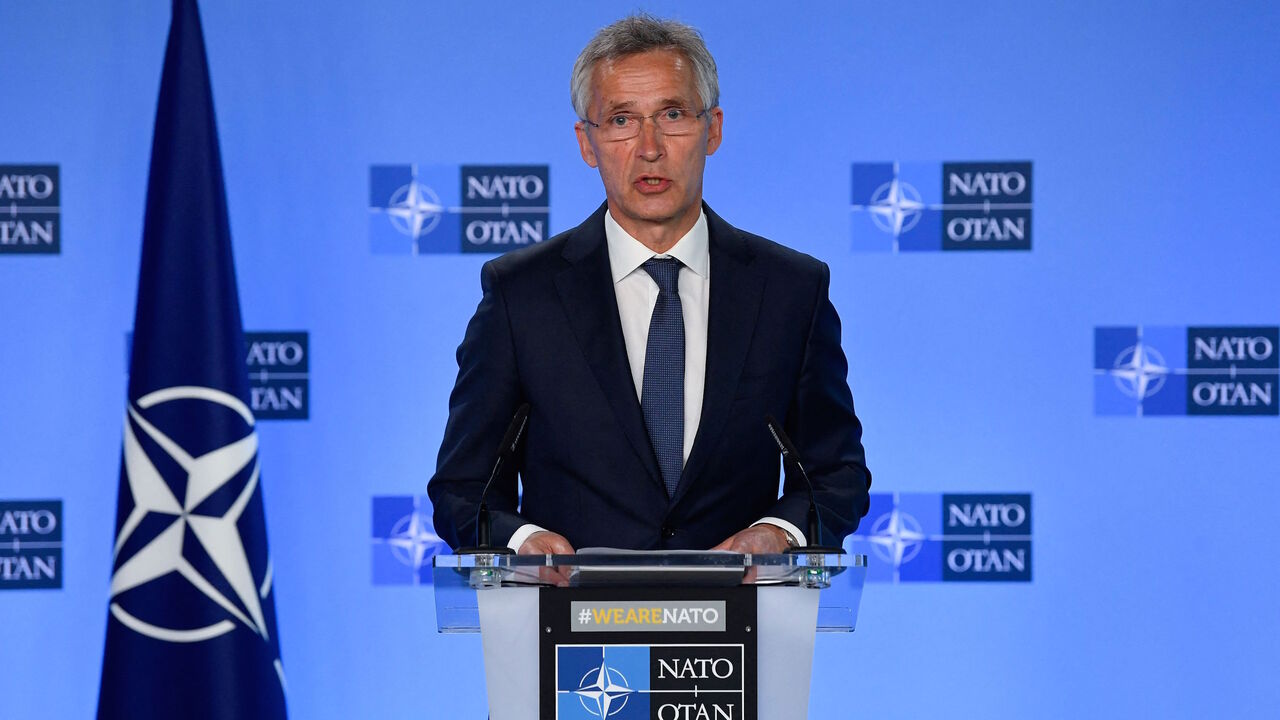 NATO Secretary General Jens Stoltenberg speaks during a joint press conference with Serbian President (unseen) after their bilateral meeting at the Nato Alliance's headquarters in Brussels on May 17, 2021. 