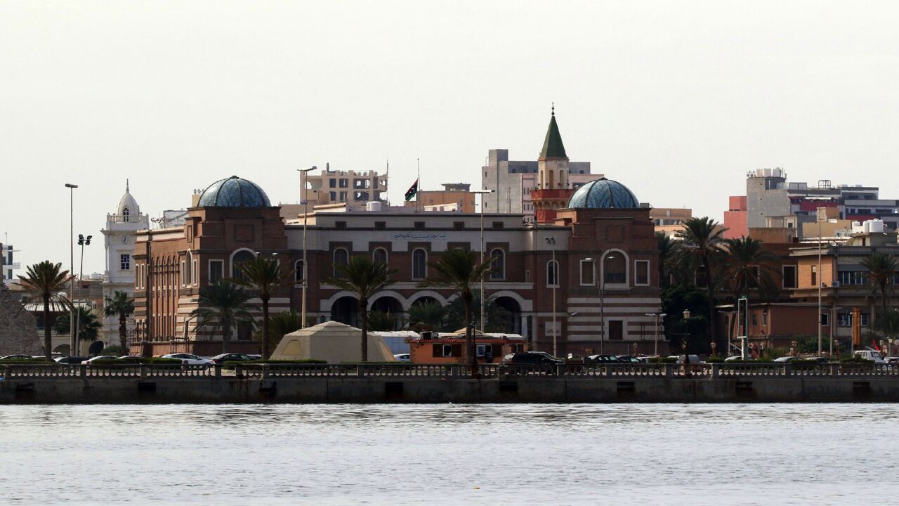 A picture taken on Nov. 5, 2015, during a tour with the Libyan coastguard shows the Central Bank of Libya in the capital, Tripoli. 