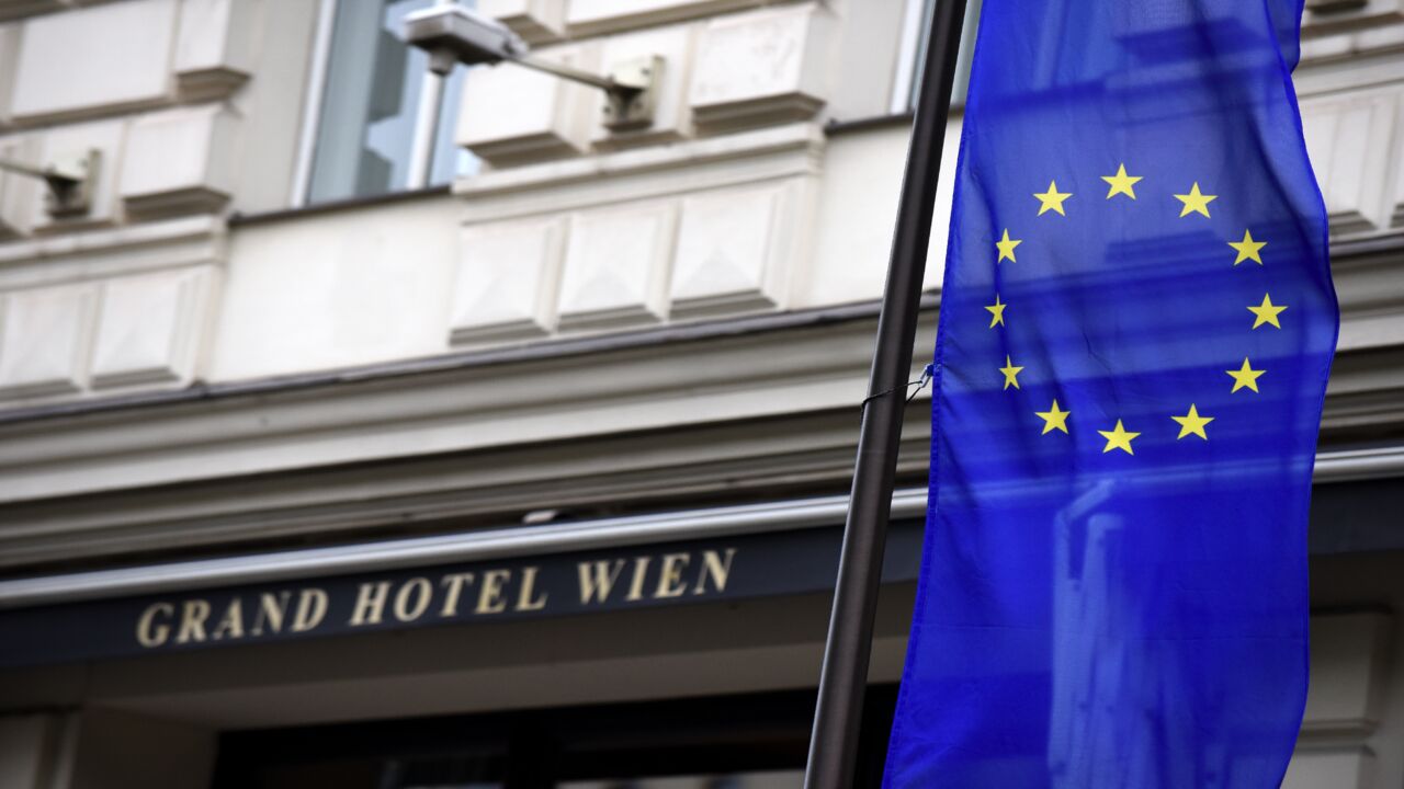 The flag of the European Union is on display at the Grand Hotel on the day the JCPOA Iran nuclear talks are to resume on May 25, 2021, in Vienna, Austria. 