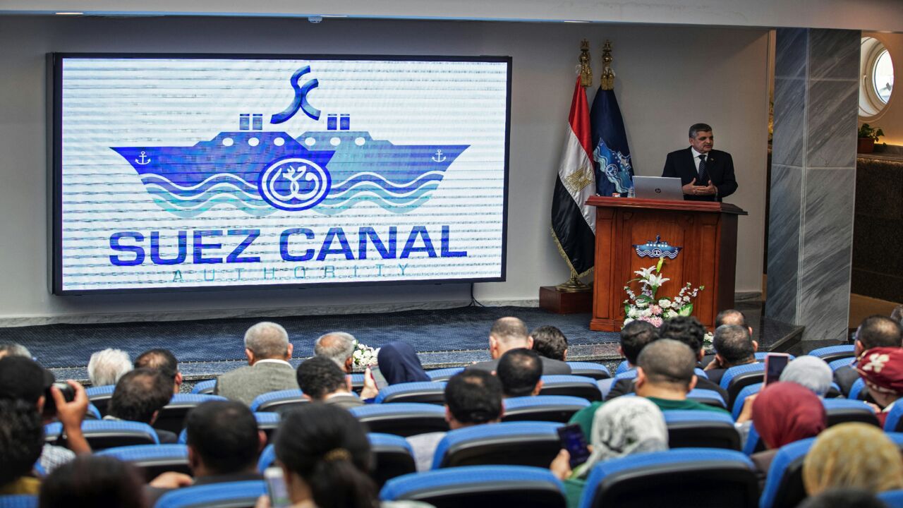 Osama Rabie, chairman of Egypt's Suez Canal Authority (SCA), speaks during a press conference