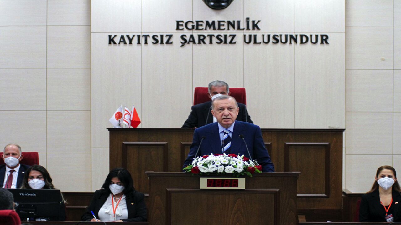 A handout picture published by the parliament of the self-proclaimed Turkish Republic of Northern Cyprus (TRNC) shows Turkish President Recep Tayyip Erdogan speaking.