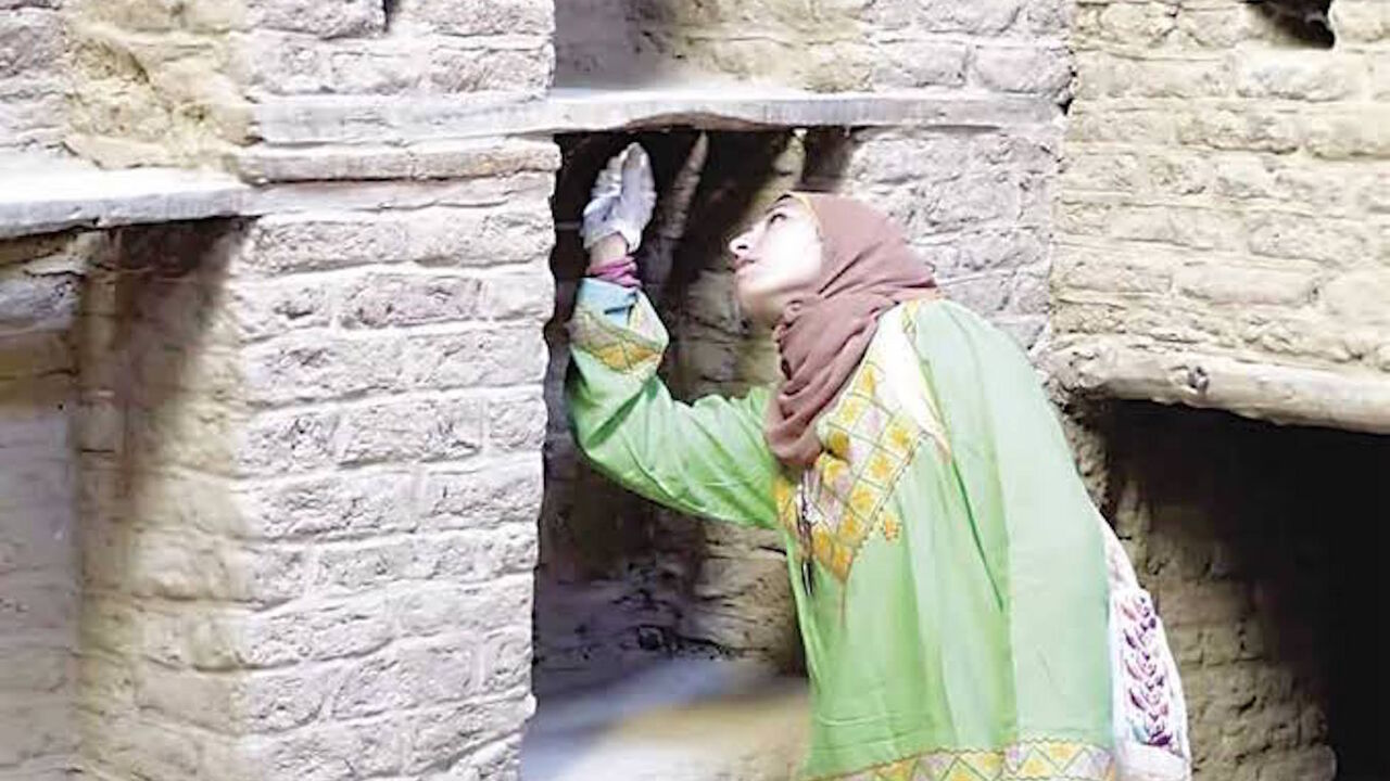 Nada Zeineddin taking samples of damaged parts to find a way to kill termites in Islamic city of el-Qasr in Dakhla Oasis, Egypt.