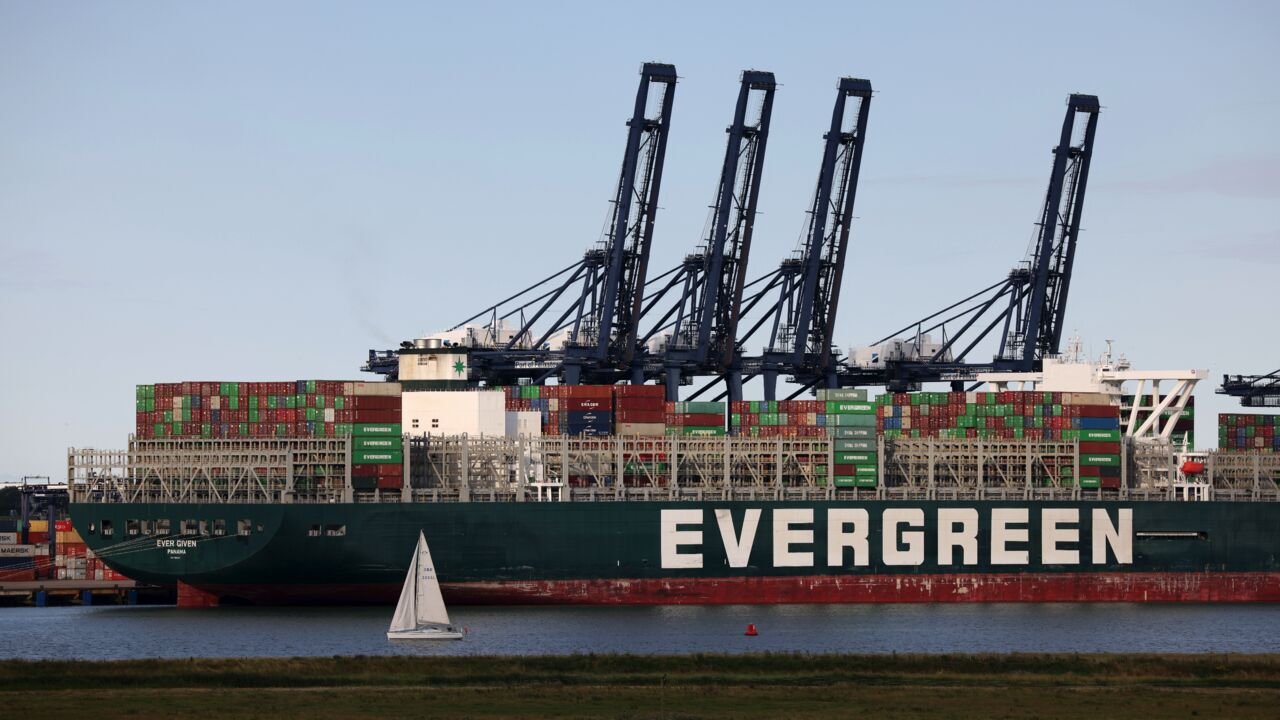 The container ship Ever Given docks at Felixstowe port on August 3, 2021, in Felixstowe, England. 