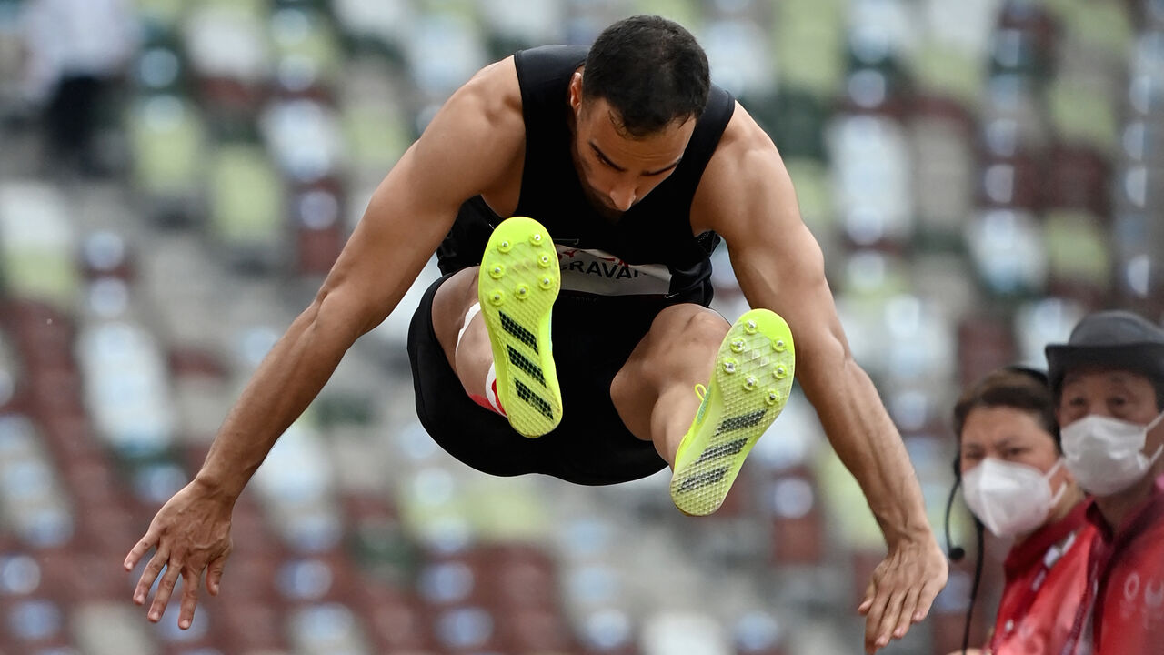 Iran's Amir Khosravani competes in the men's long jump (T12) final during the Tokyo 2020 Paralympic Games at the National Stadium in Tokyo on Aug. 30, 2021. 