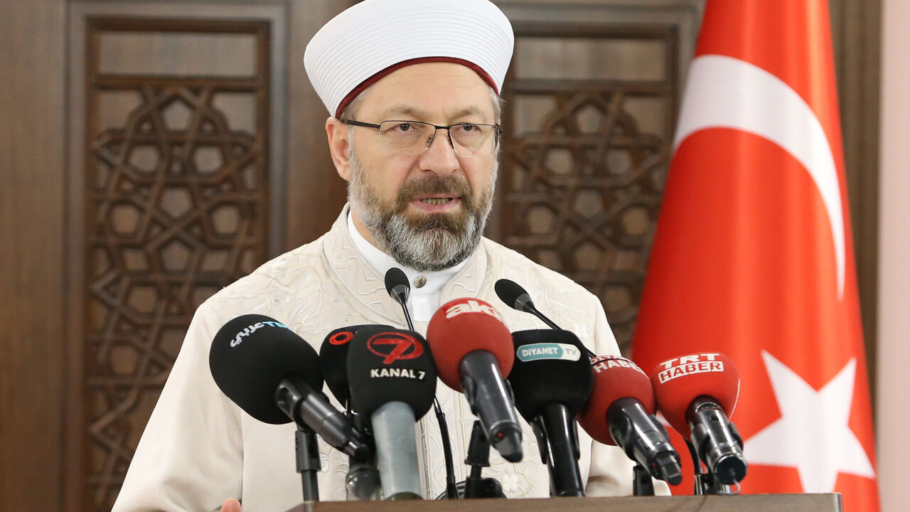 Head's of Turkeys Religious Affairs Directorate Ali Erbas holds a press conference in Ankara, Turkey on March 15, 2019.