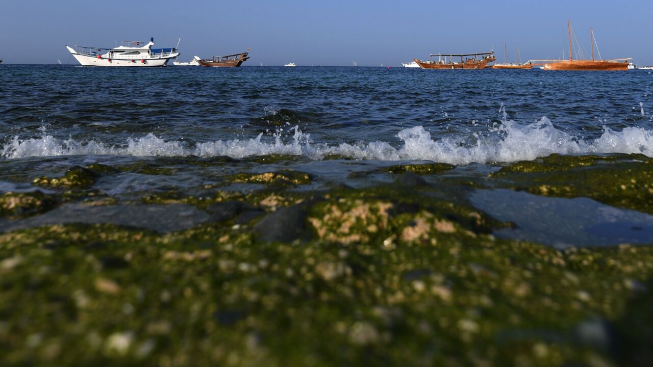 A picture taken on May 3, 2019, shows boats off the coast of the island of Sir Abu Nuair island between the Gulf emirate of Sharjah and Iran's territorial waters