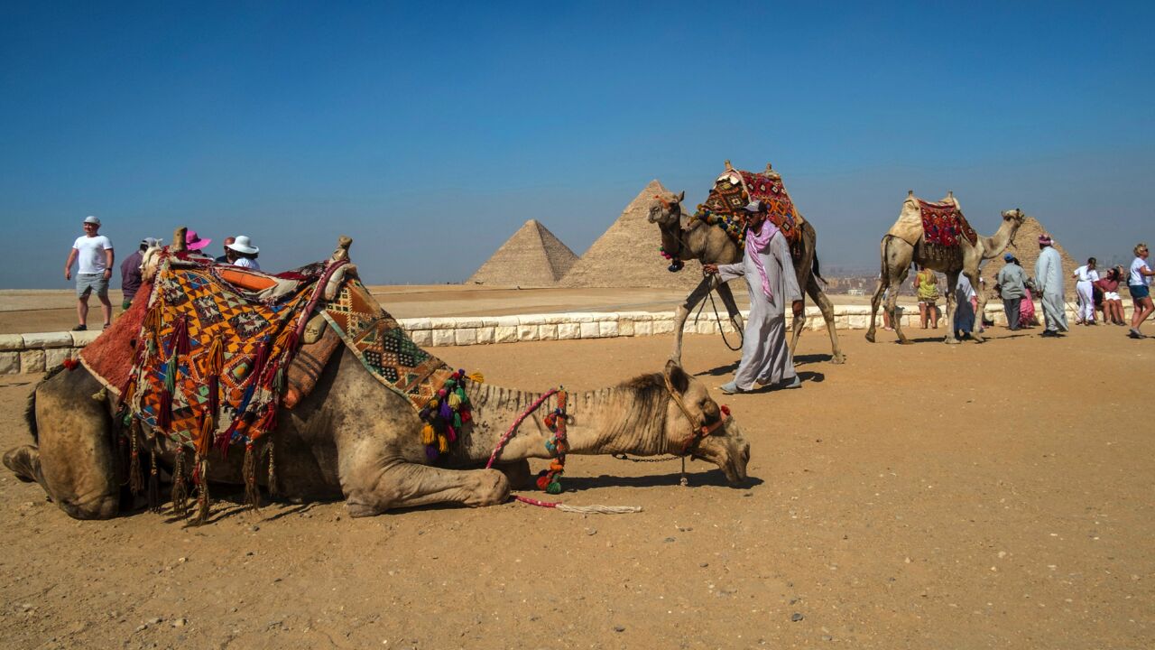 Camel trainers wait for tourists at a promontory overlooking the Giza pyramids.