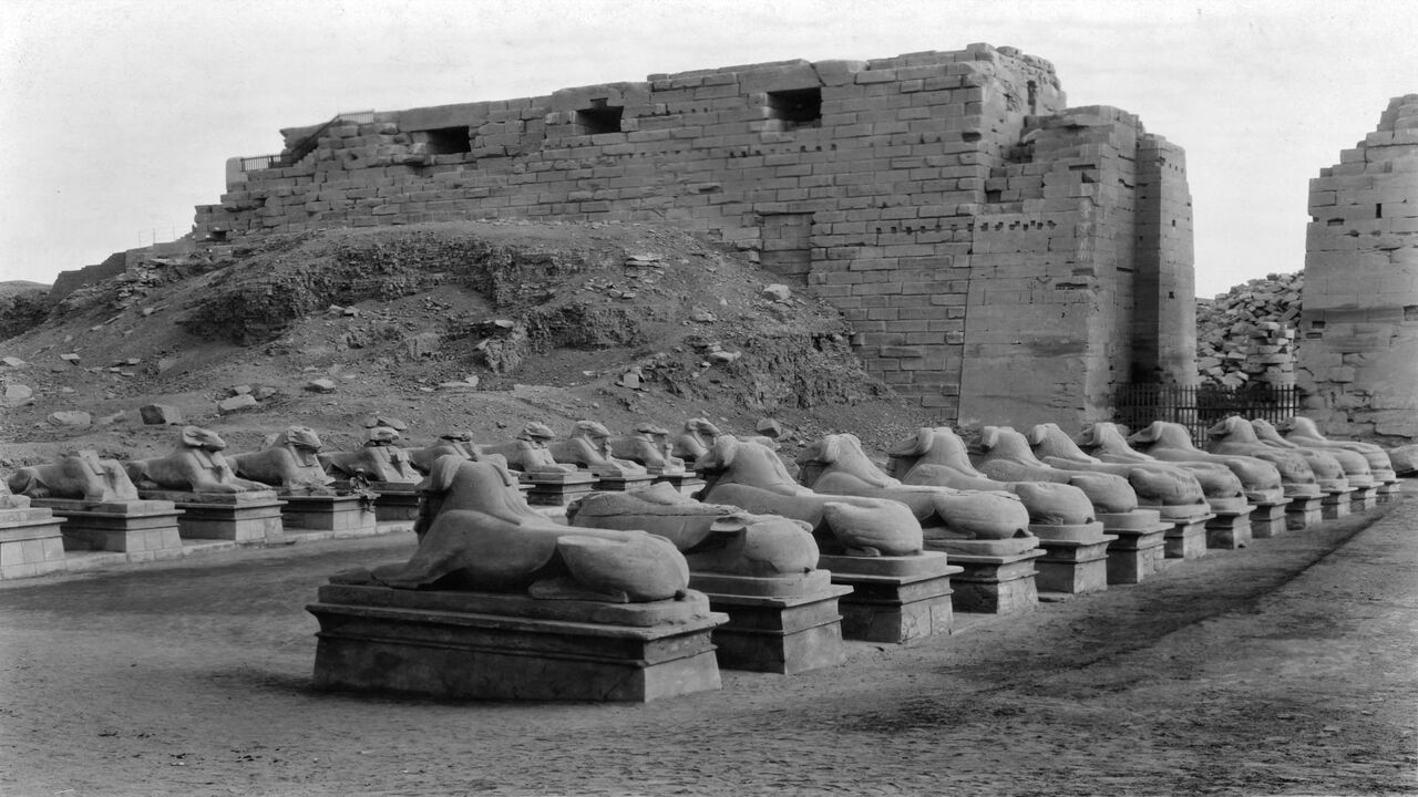 A view of Avenue of the Sphinxes at the entrance of the Temple of Karnak, near Luxor, Egypt.