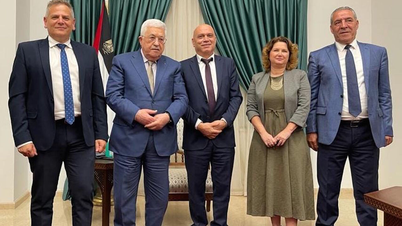Israeli Health Minister Nitzan Horowitz, Regional Cooperation Minister Issawi Freij and Meretz Knesset member Michal Rozin meet with Palestinian President Mahmoud Abbas in Ramallah on Oct. 3.