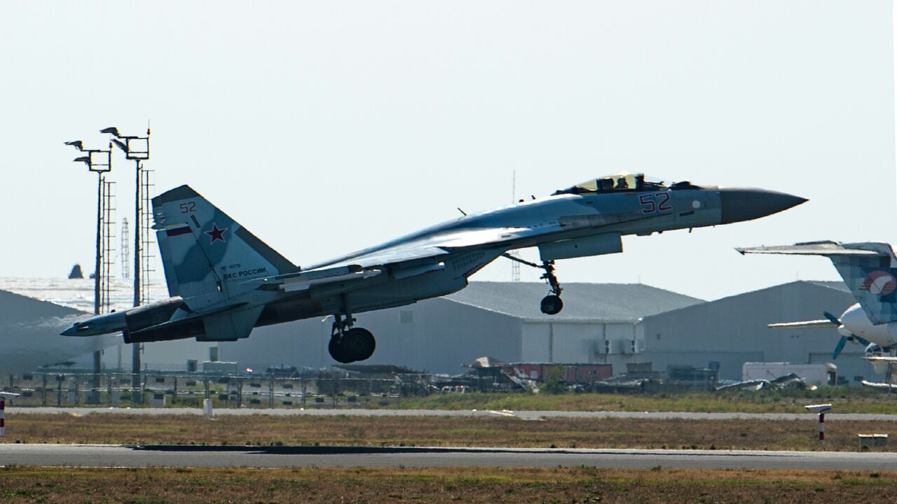 A Russian Sukhoi Su-35 fighter takes off during an air show at the Teknofest festival at Ataturk Airport in Istanbul on September 17, 2019.