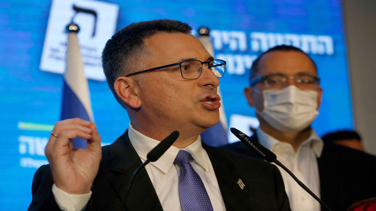 Gideon Saar, leader of the New Hope party, addresses supporters at his party's campaign headquarters after the end of voting in the fourth national election in two years, Tel Aviv, Israel, March 24, 2021.
