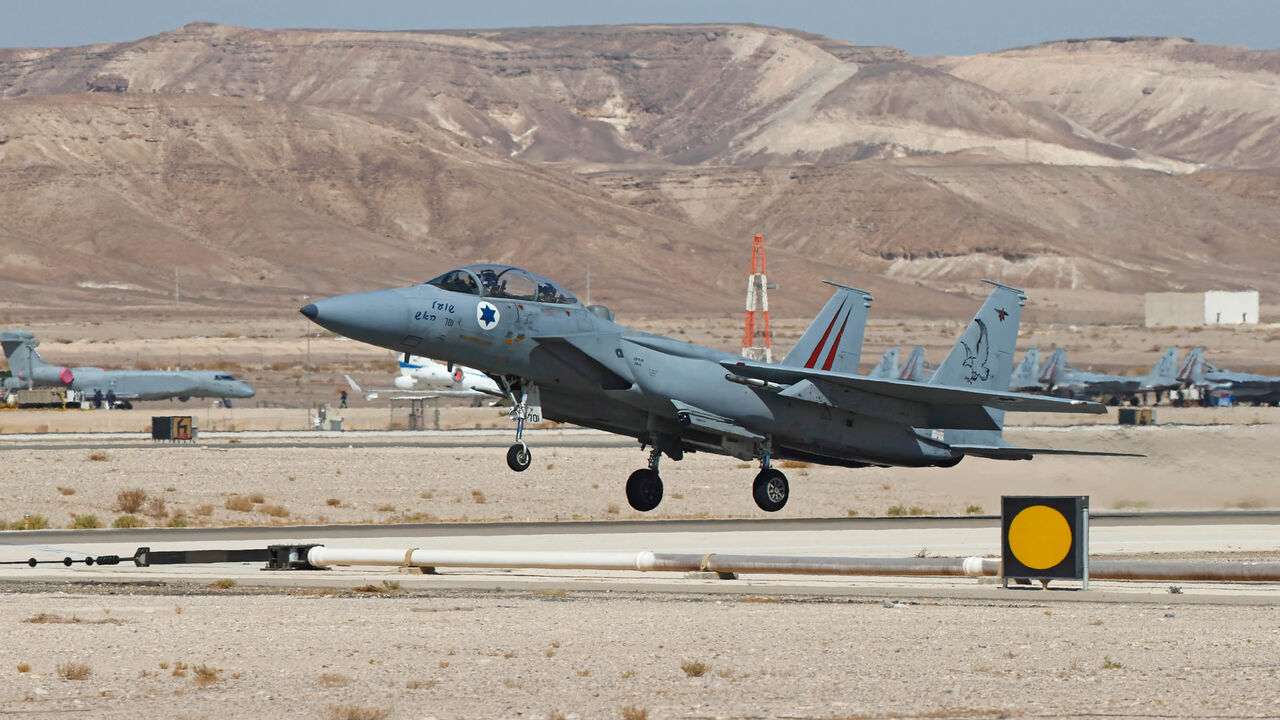 An Israeli air force F-15 fighter takes off during the Blue Flag multinational air defense exercise at Ovda air force base, north of Eilat, Israel, Oct. 24, 2021.