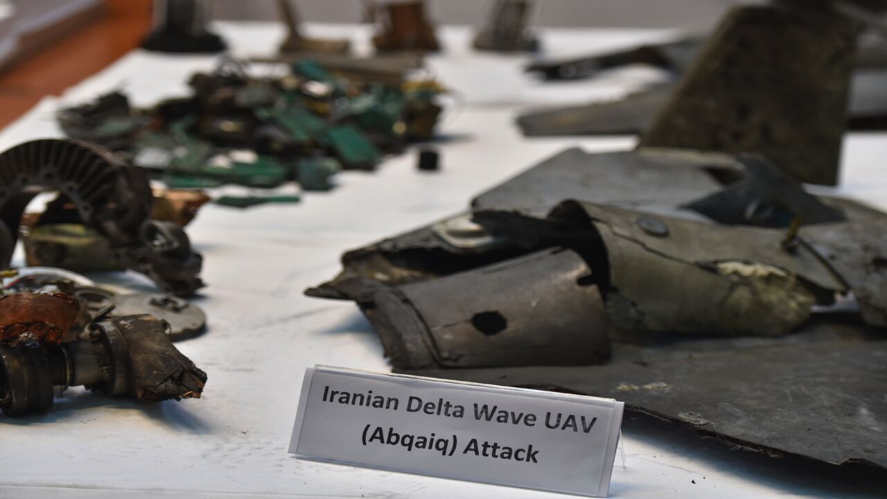 A picture taken on Sept. 18, 2019, shows displayed fragments of what the Saudi Defense Ministry spokesman said were Iranian cruise missiles and drones recovered from the attack site that targeted Saudi Aramco's facilities.
