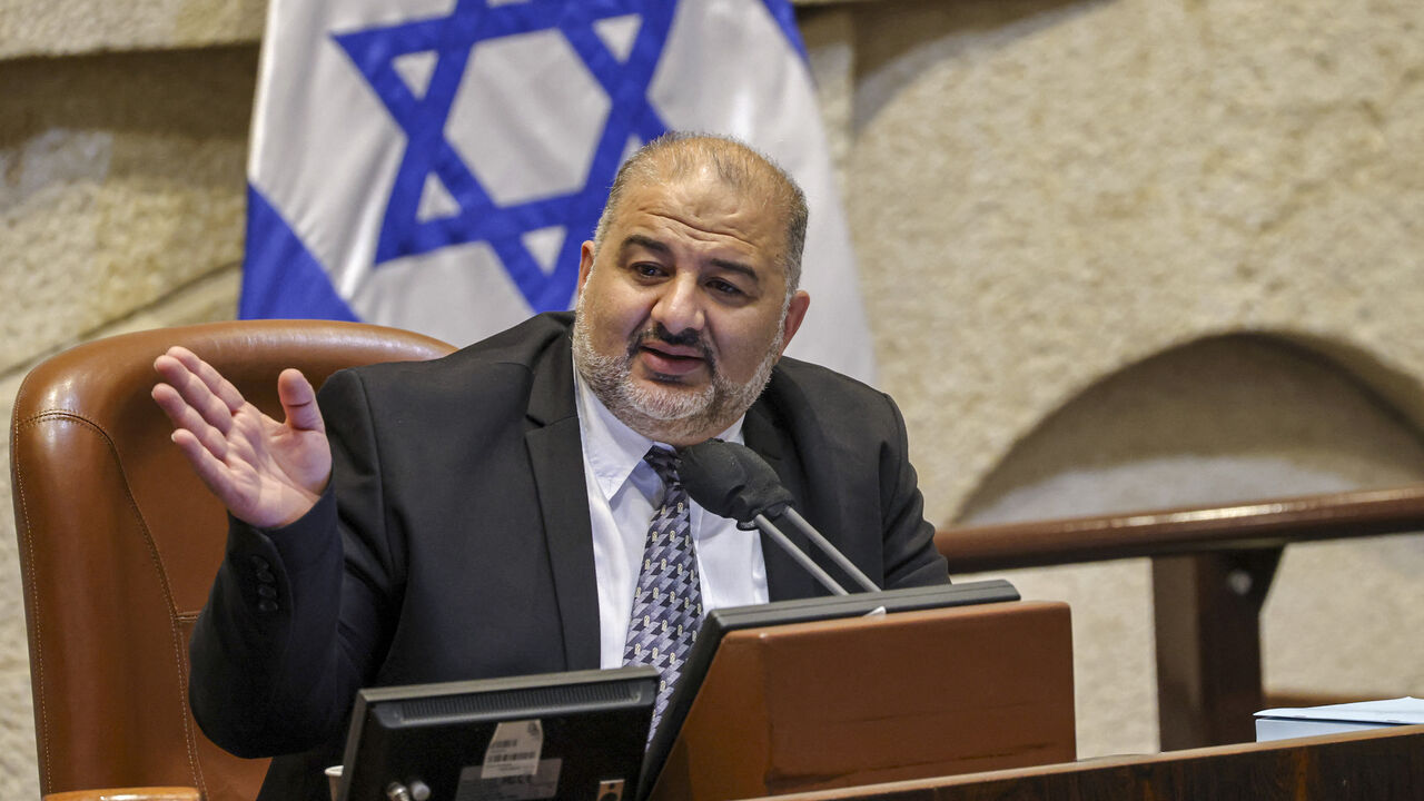 Mansour Abbas, head of Israel's conservative Islamic Raam party, speaks in his capacity as Knesset deputy speaker during a plenum session on the state budget on Sept. 2, 2021.