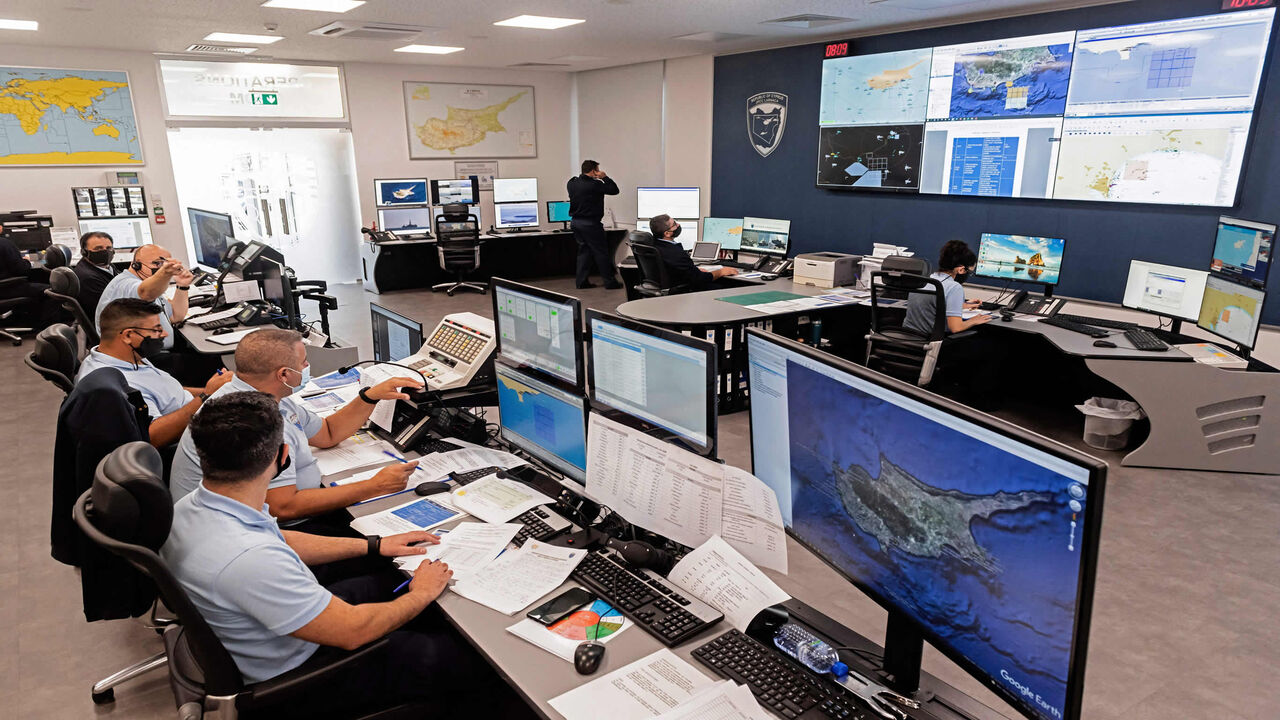 This picture shows operators working at the Joint Rescue Coordination Center during the multinational exercise "NEMESIS 2021," in the coastal city of Larnaca, Cyprus, Nov. 3, 2021.