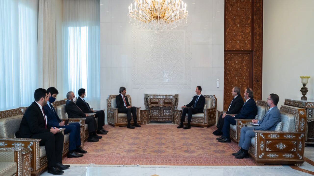 President Bashar al-Assad meets with UAE Foreign Minister Abdullah bin Zayed Al Nahyan in Damascus, Nov. 9, 2021.